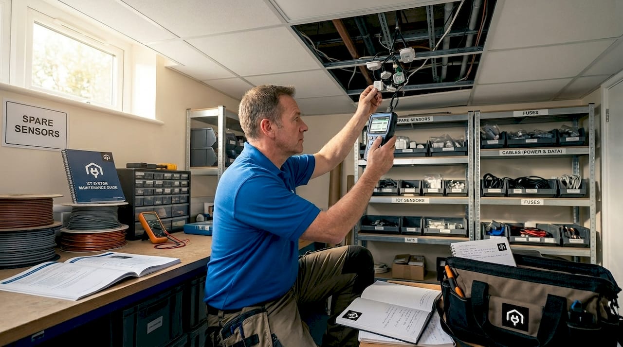 Technician checks building IoT sensors overhead