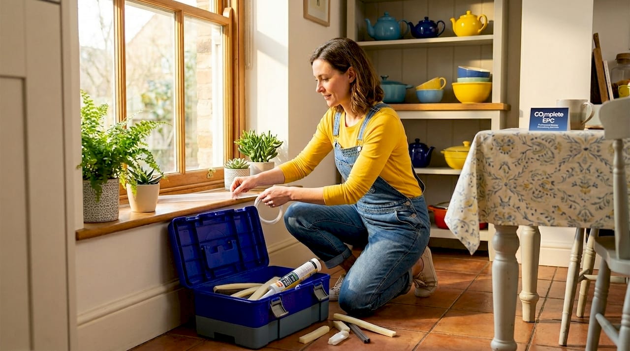Woman sealing window for energy efficiency