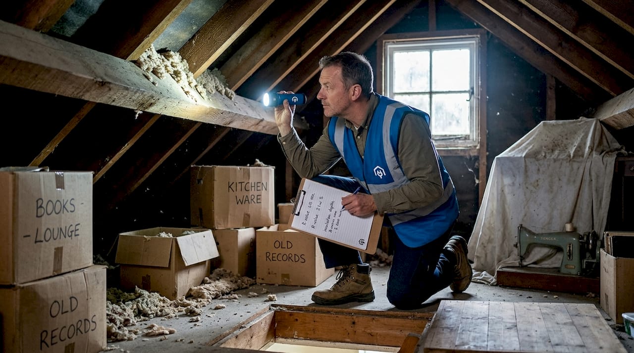 Energy assessor inspecting attic insulation