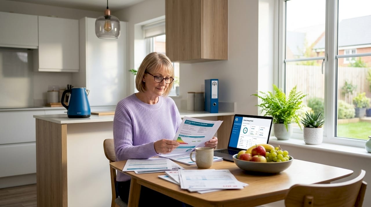 Landlord reviewing EPC paperwork at kitchen table