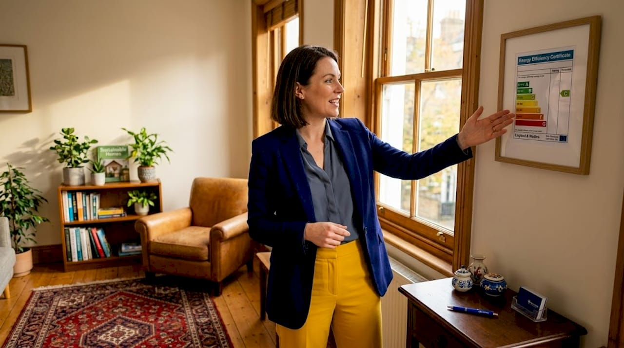 Estate agent highlighting energy certificate in living room