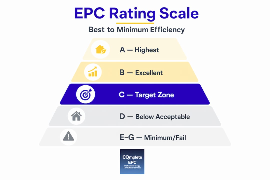 Pyramid infographic showing EPC rating bands from A to G