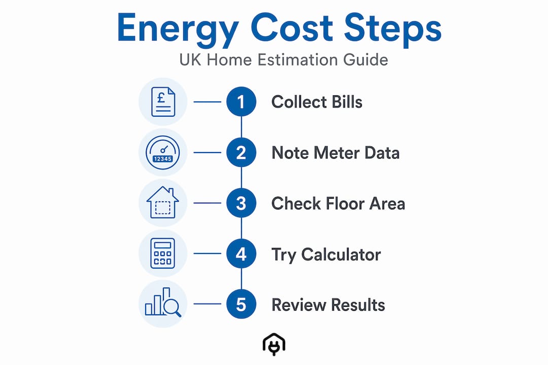 Infographic showing UK home energy cost estimation steps