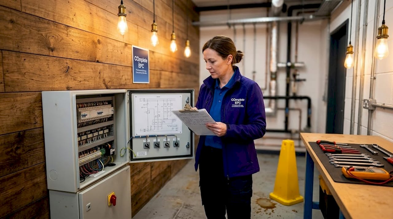 Facility manager reviews building boiler system