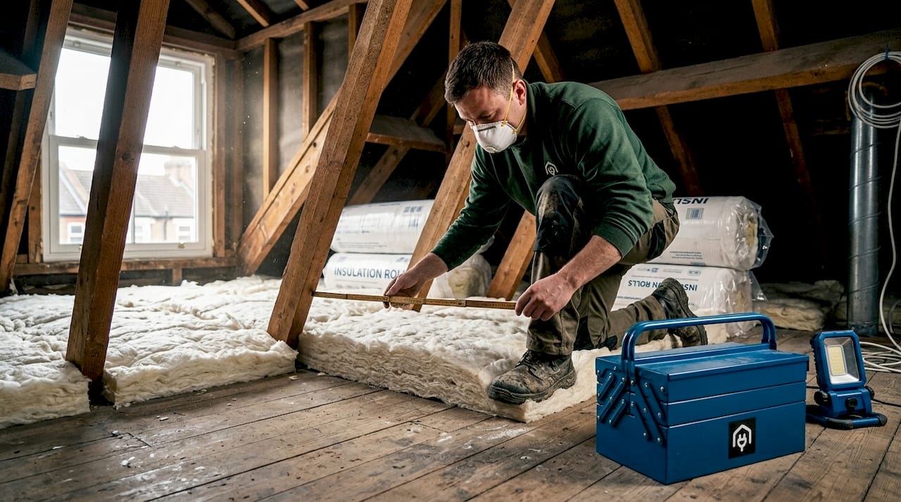 Worker installing attic insulation in UK home