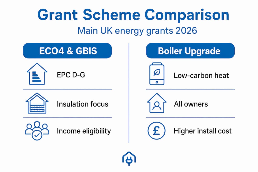 Infographic comparing main UK energy grant schemes