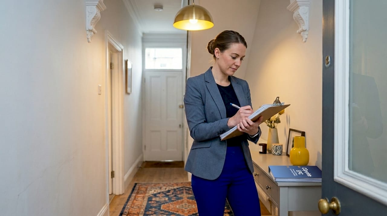 Property manager assessing hallway in old London flat
