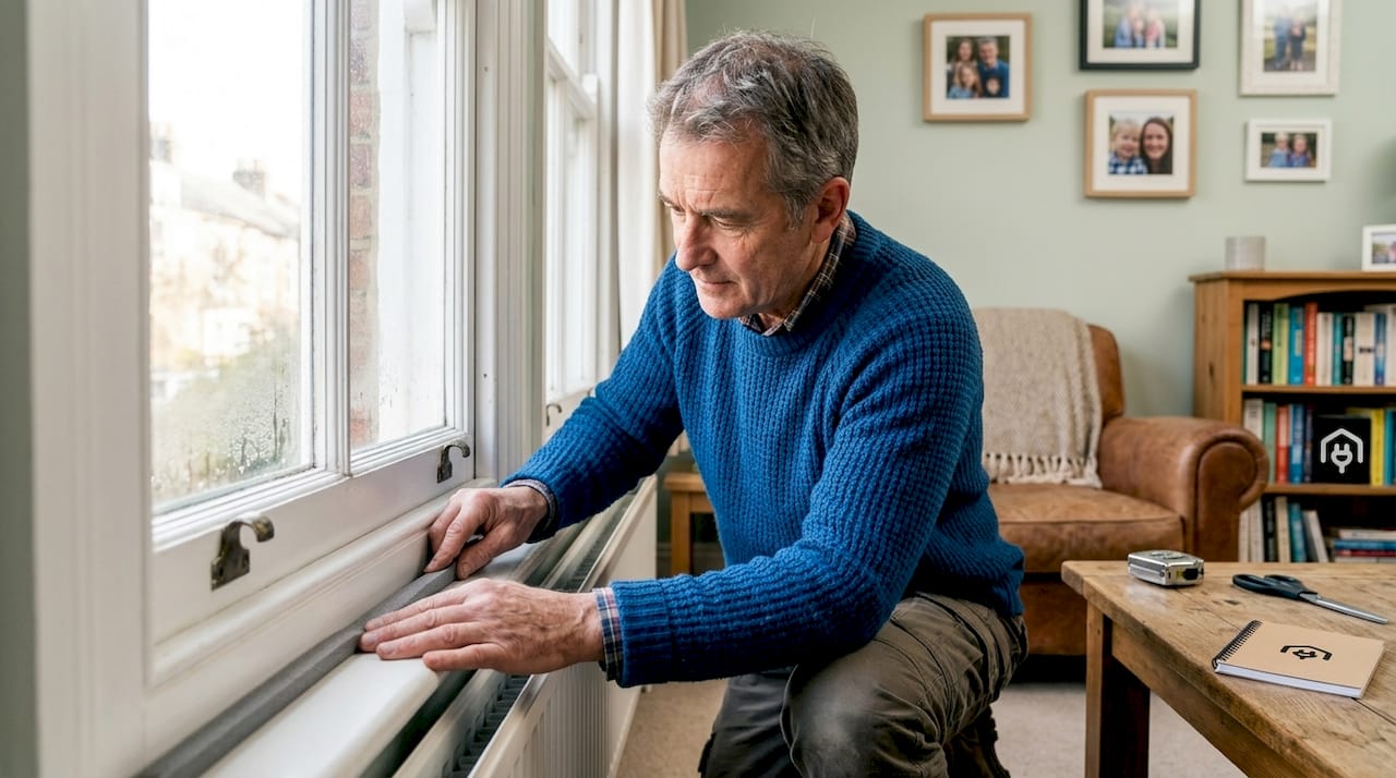 Person installing draught-proofing strip by window