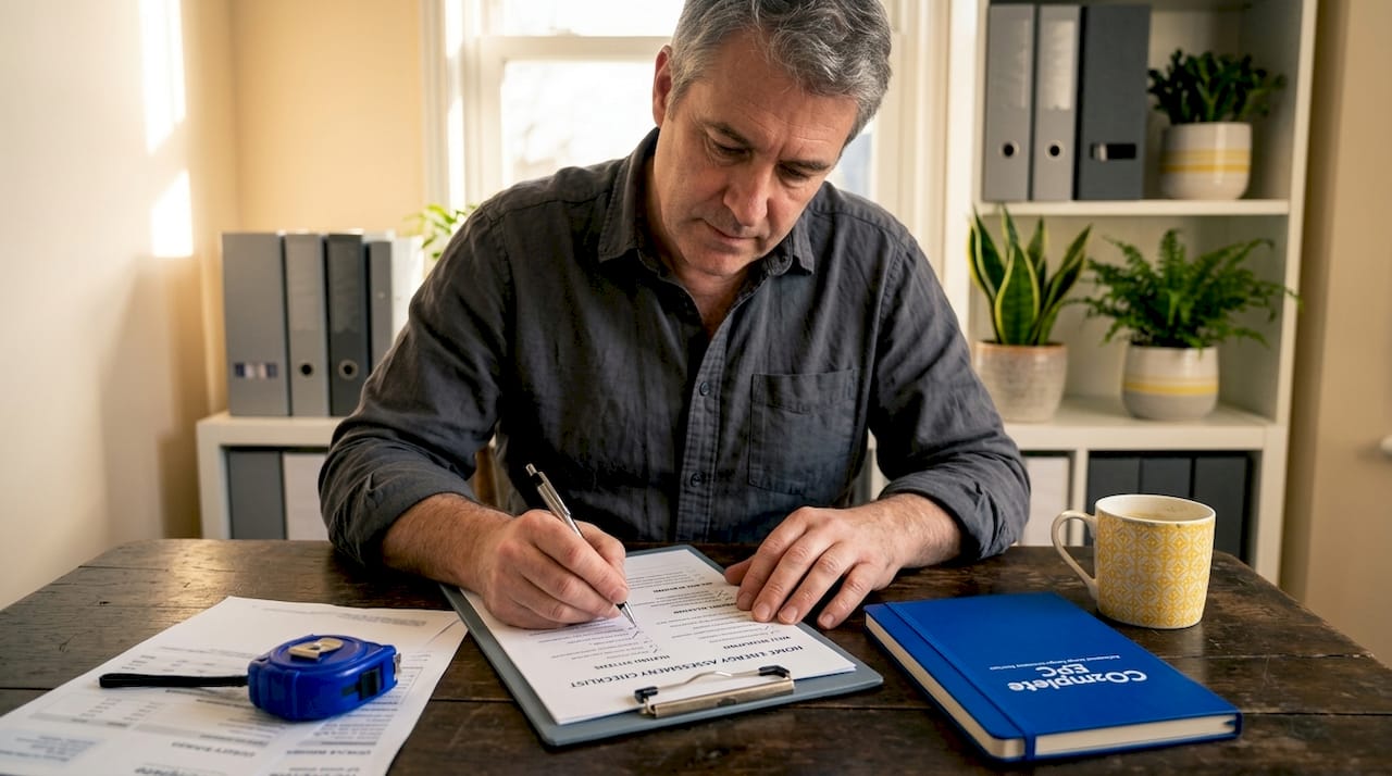 Assessor completing paperwork during home visit
