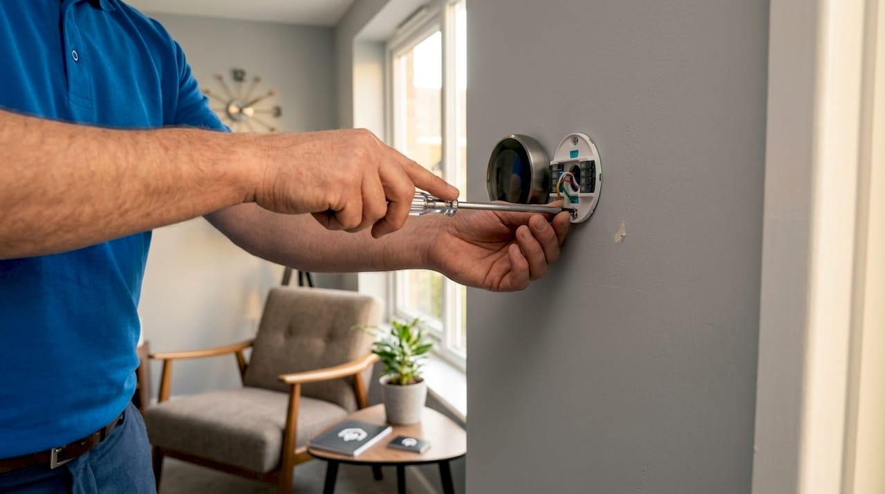 Hands installing smart thermostat indoors