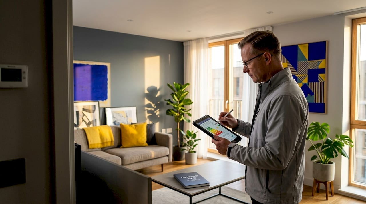 Energy assessor conducting property survey with tablet