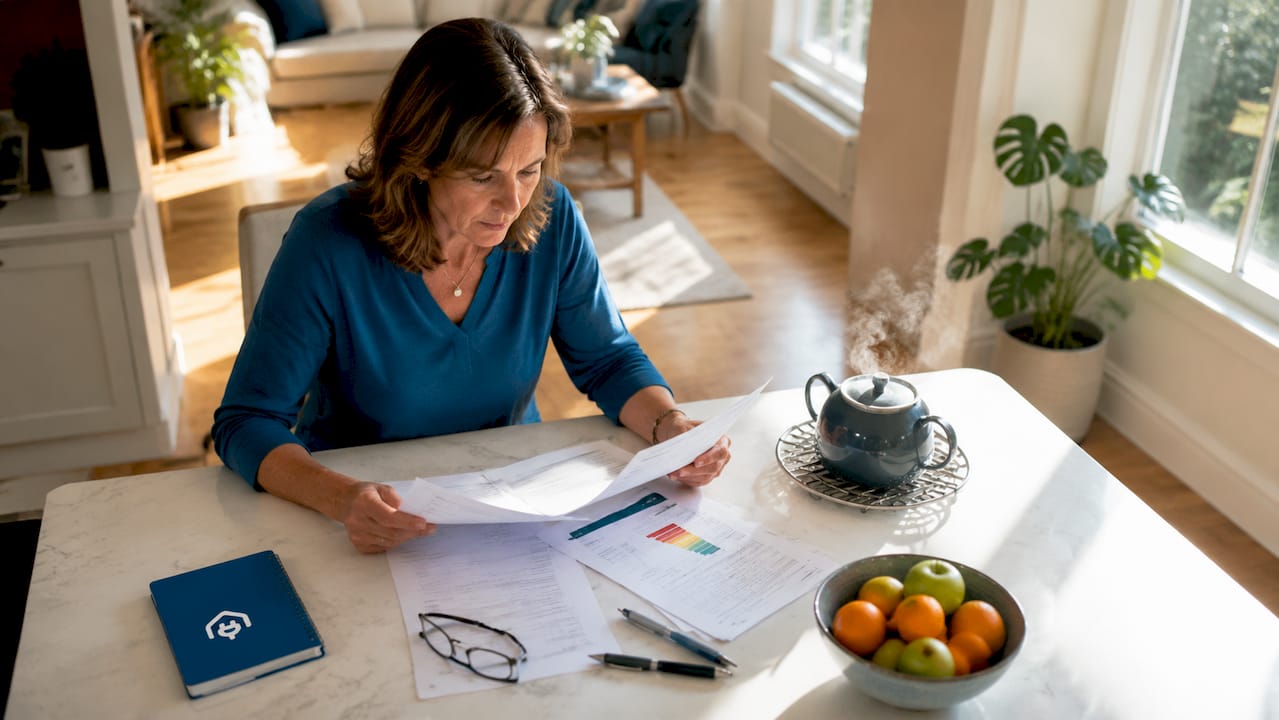 Homeowner reviewing energy bills at table