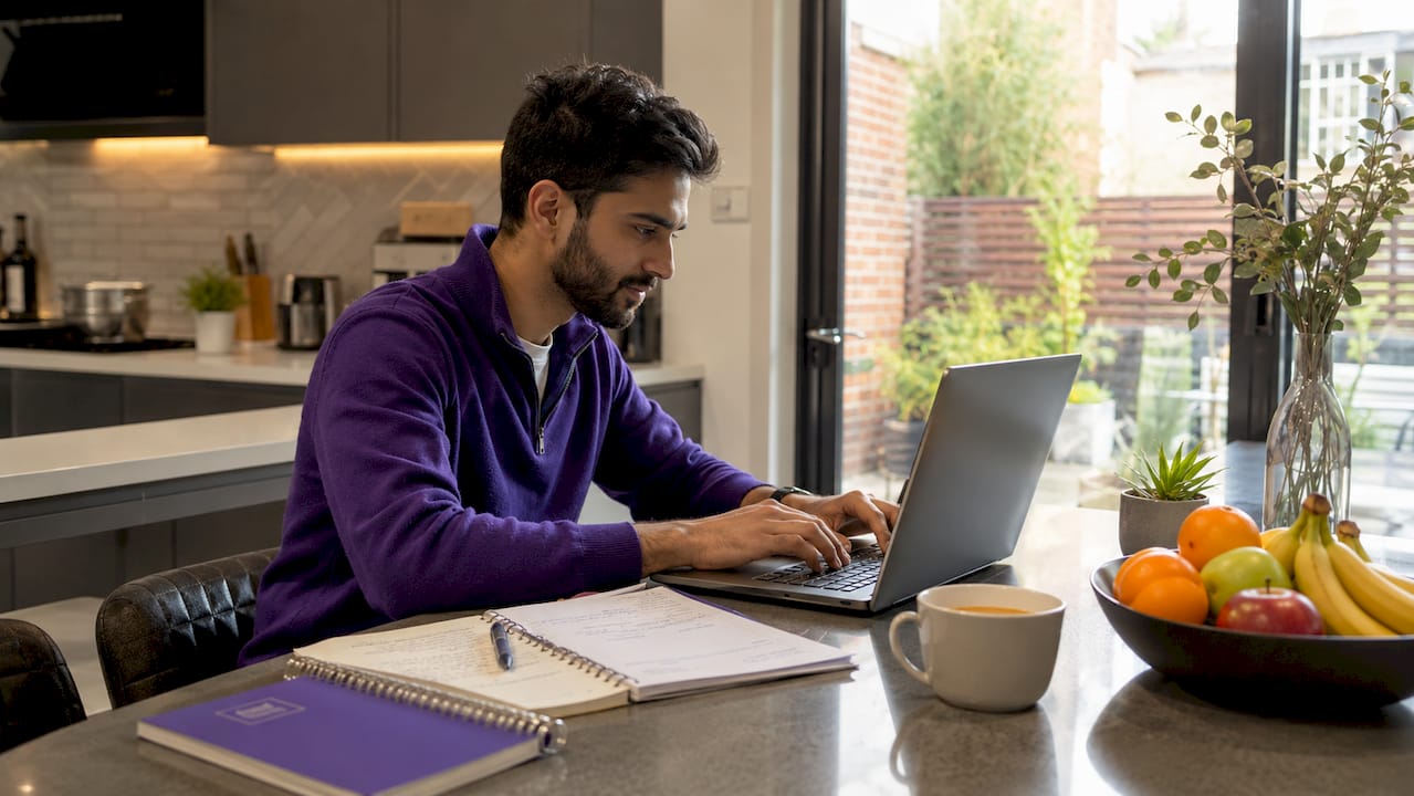 Man calculating EPC rating on laptop in home office