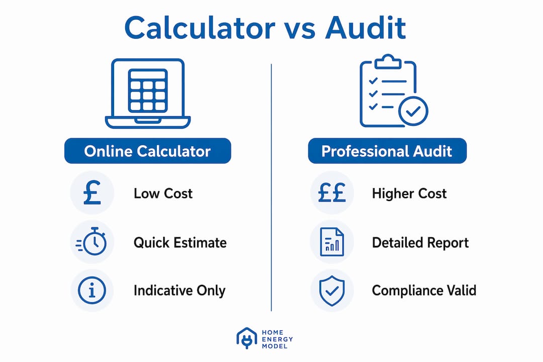 Infographic comparing online calculators and professional audits