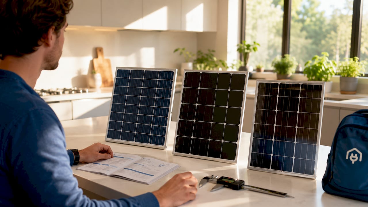Close-up of three types of residential solar panels