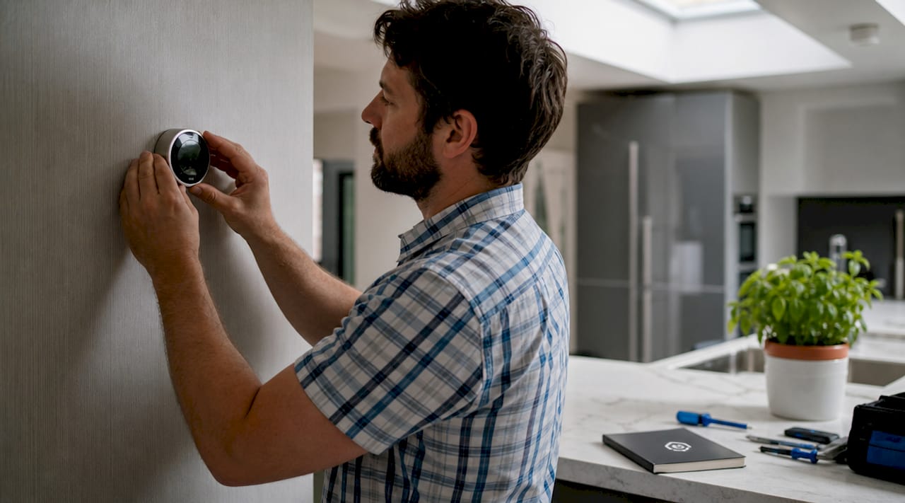 Hands installing smart thermostat on wall