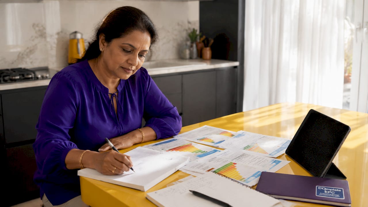 Landlord reviewing energy efficiency documents at table