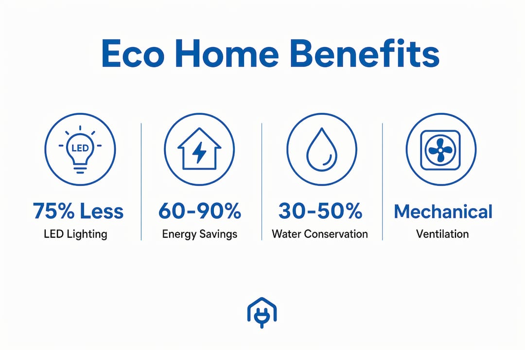 Infographic showing key eco-friendly home benefits with statistics