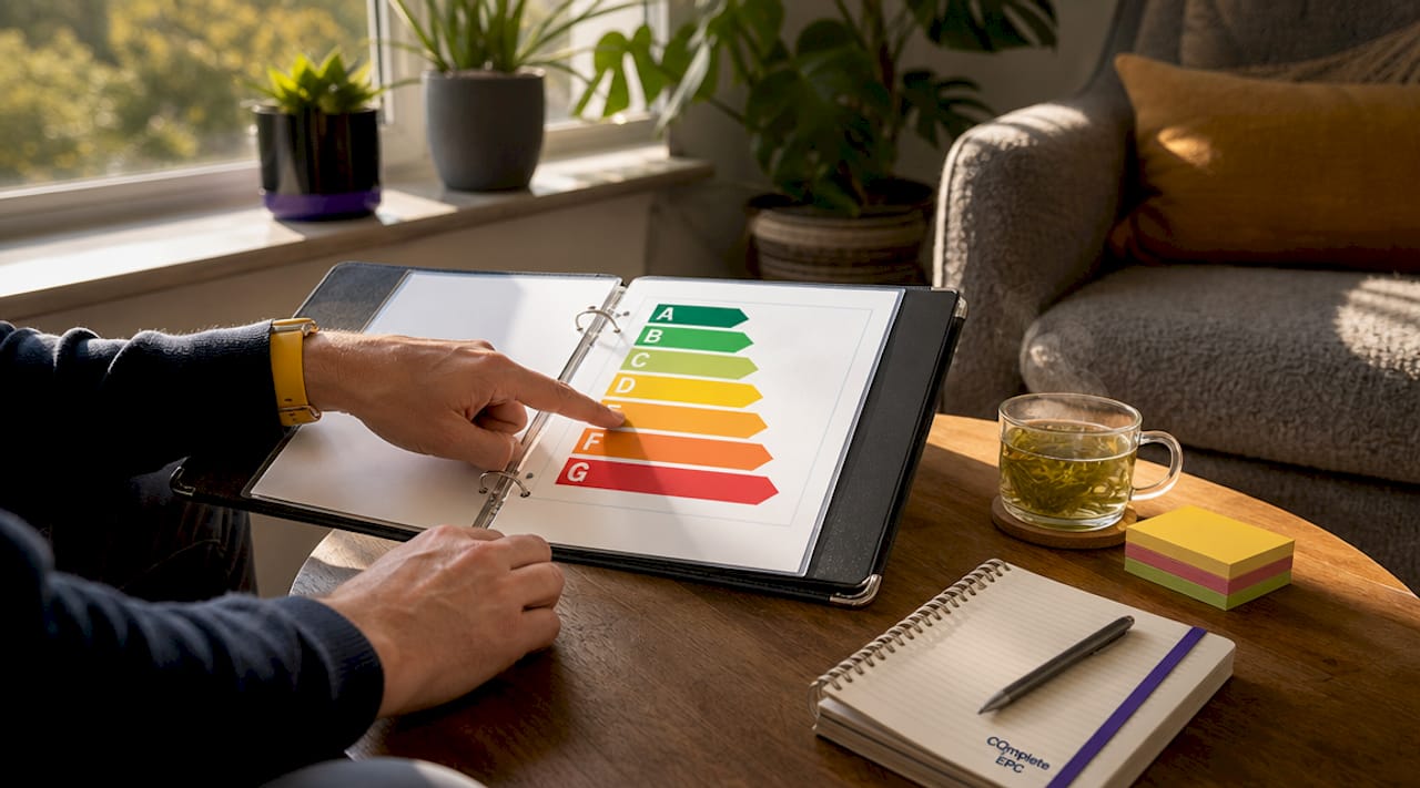 Hands pointing at EPC rating scale chart
