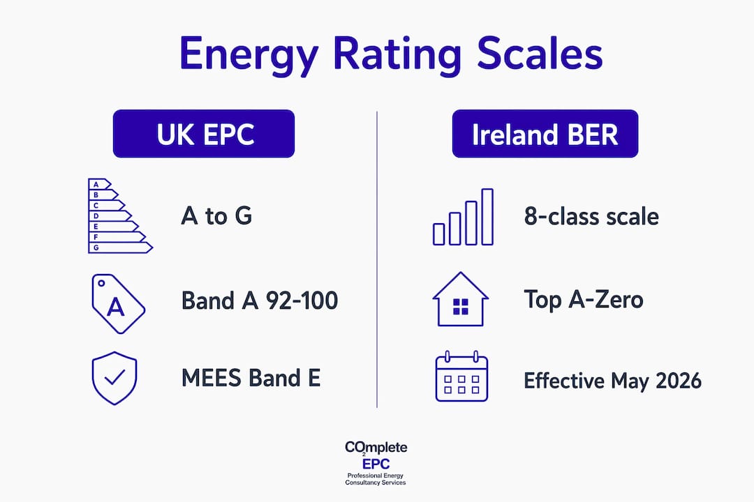 Infographic comparing UK EPC and Ireland BER energy rating scales