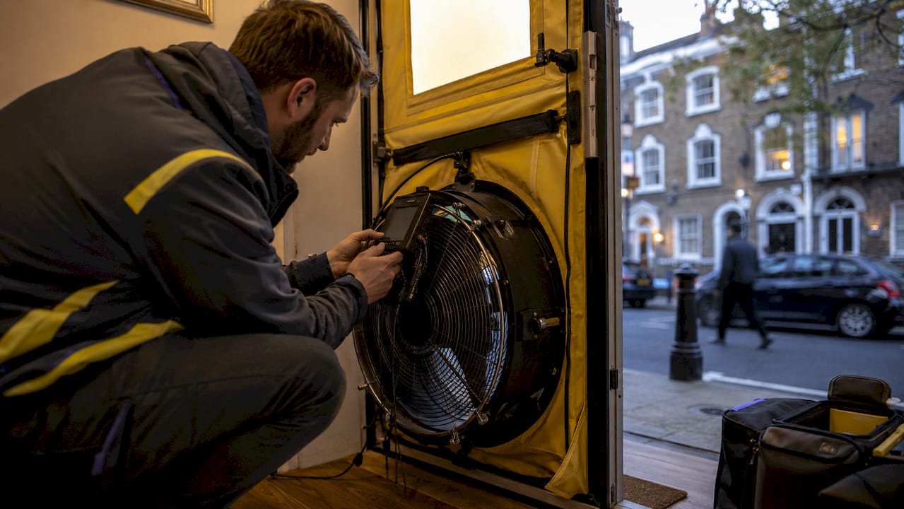 Auditor adjusting blower door fan equipment