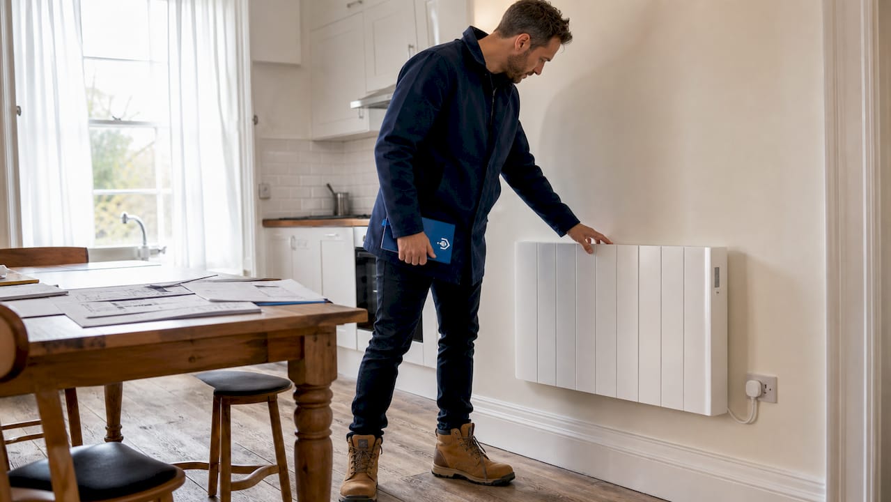 Energy assessor inspecting UK home radiator