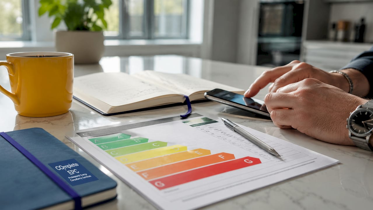 Hands and EPC rating scale chart on desk