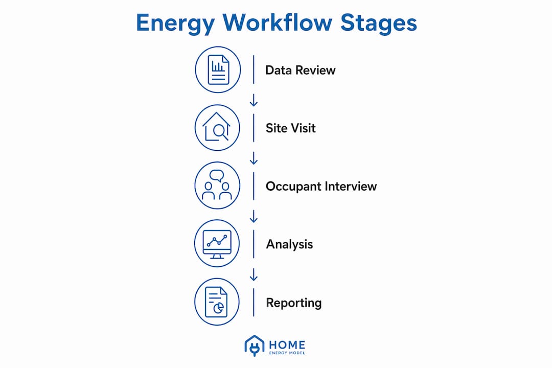 Infographic illustrating five stages of home energy report workflow
