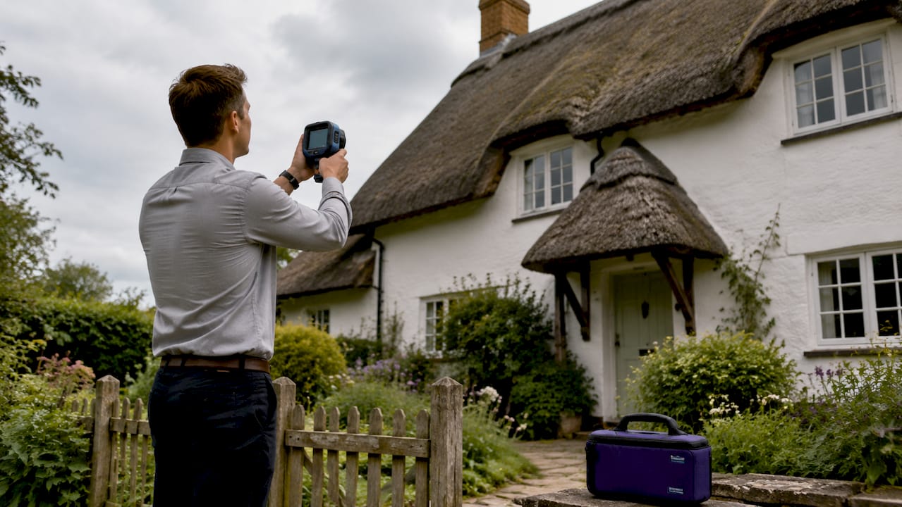 Energy auditor using thermal camera outside house