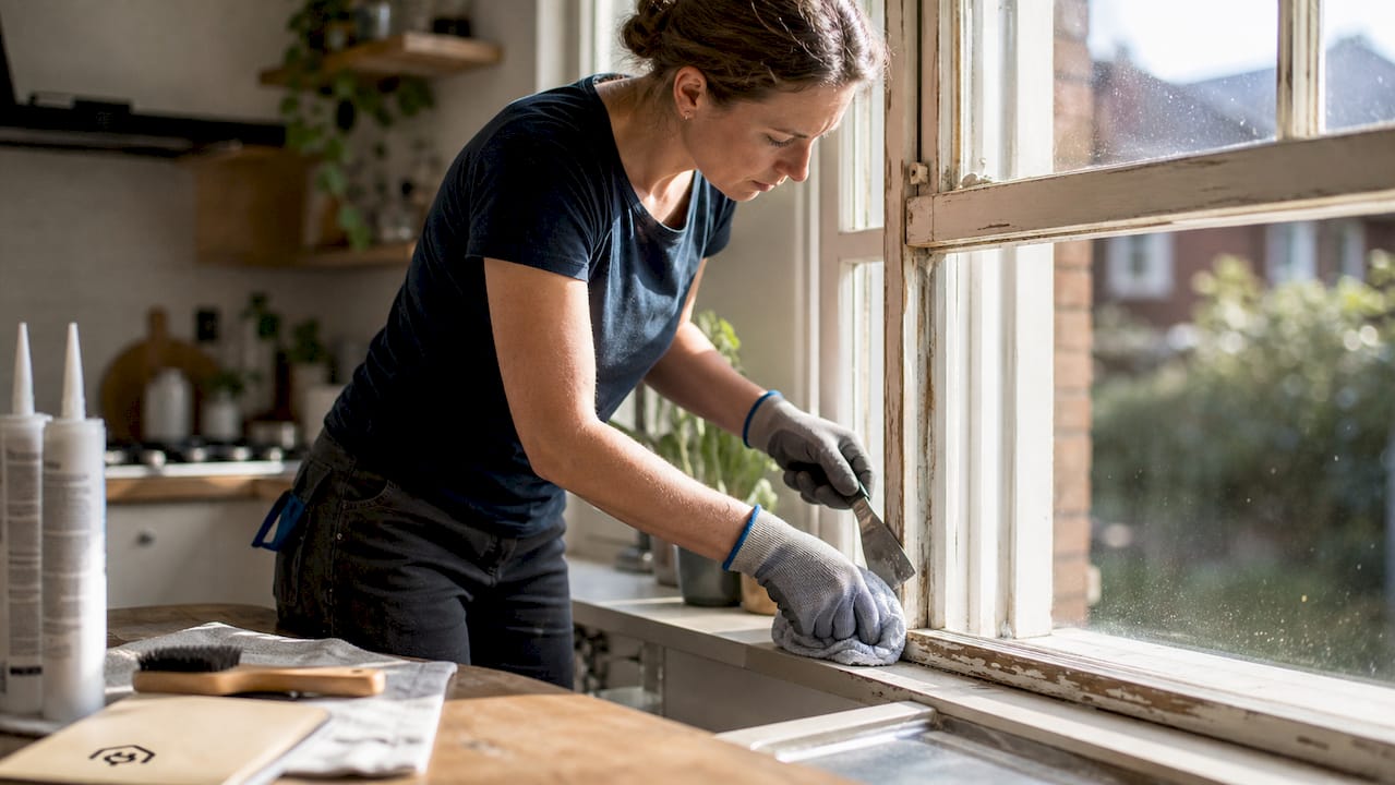 Hands preparing window frame for sealing