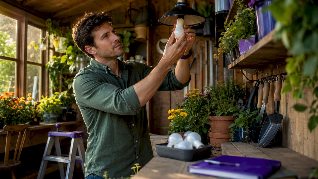 Man installing LED bulb in modern kitchen