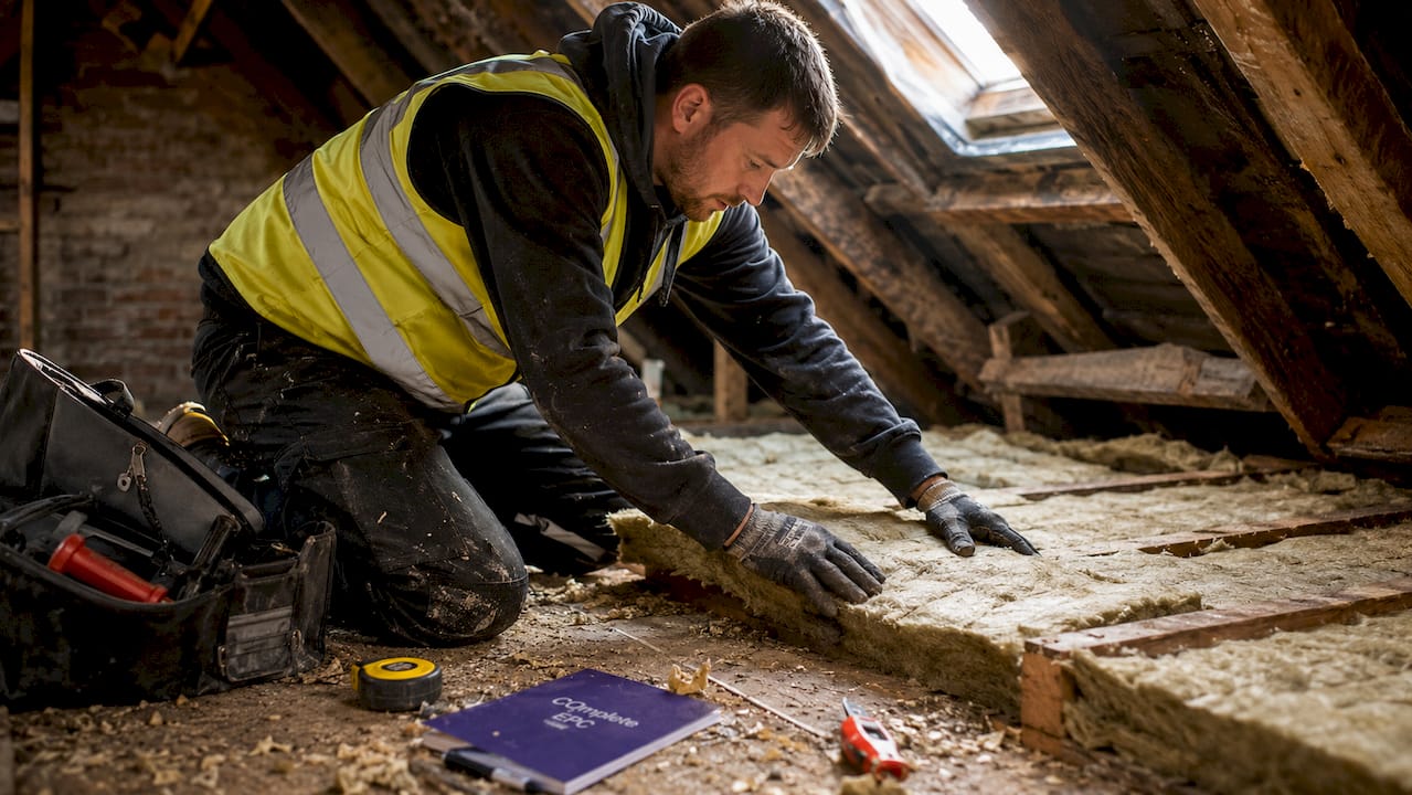 Installer applying attic home insulation
