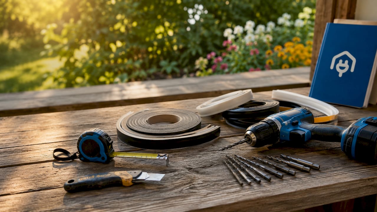 Close-up of door sealing tools laid out on workbench