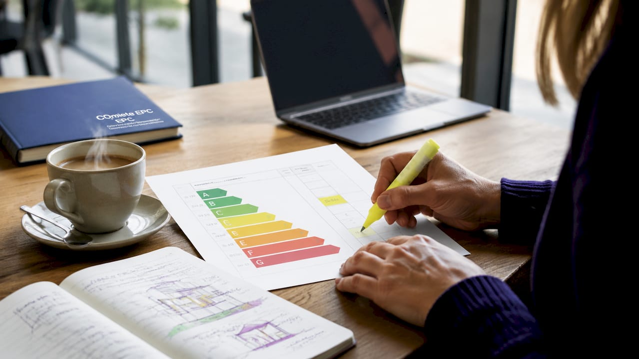 Hands marking EPC energy performance chart