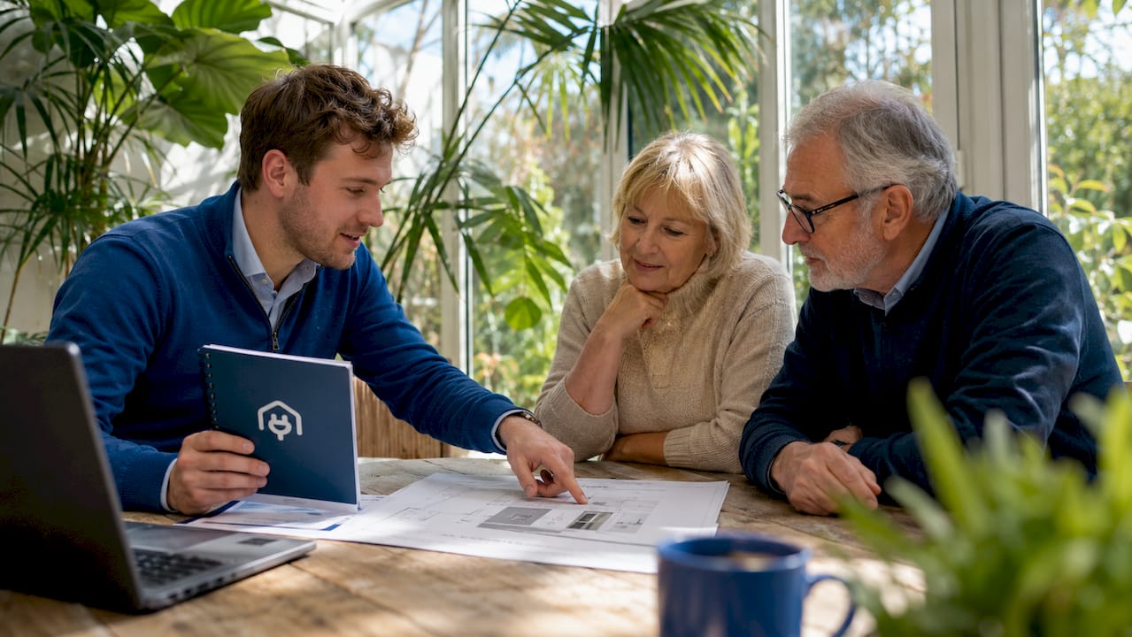 Homeowners consulting about heat pump upgrades