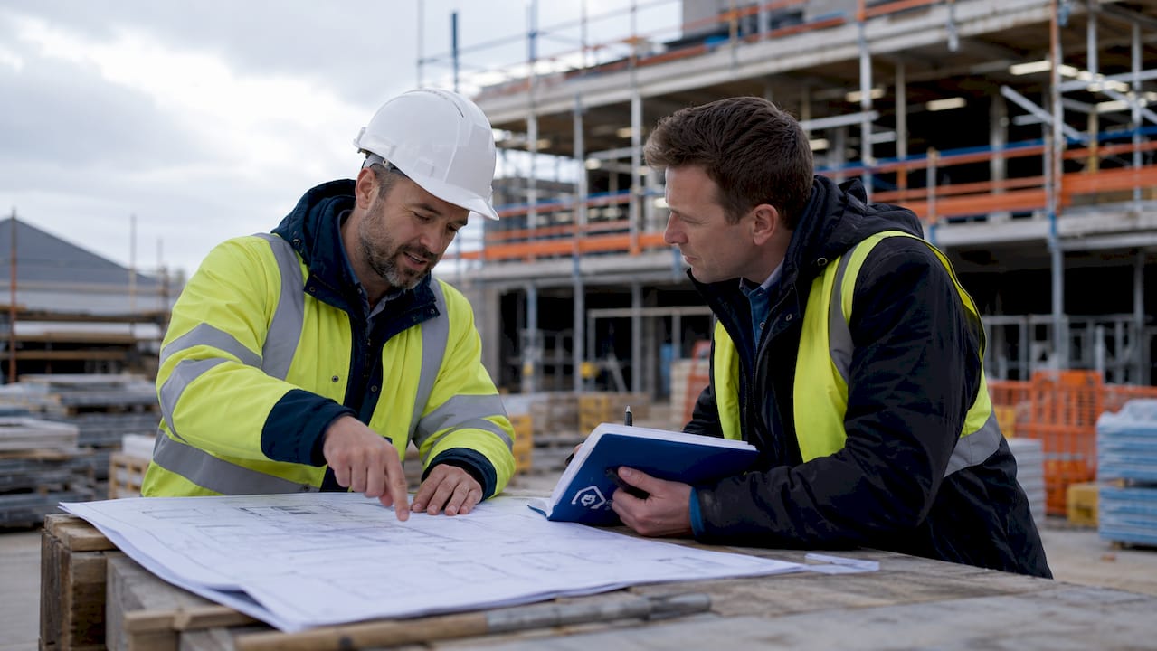 Professionals discussing SBEM compliance on construction site
