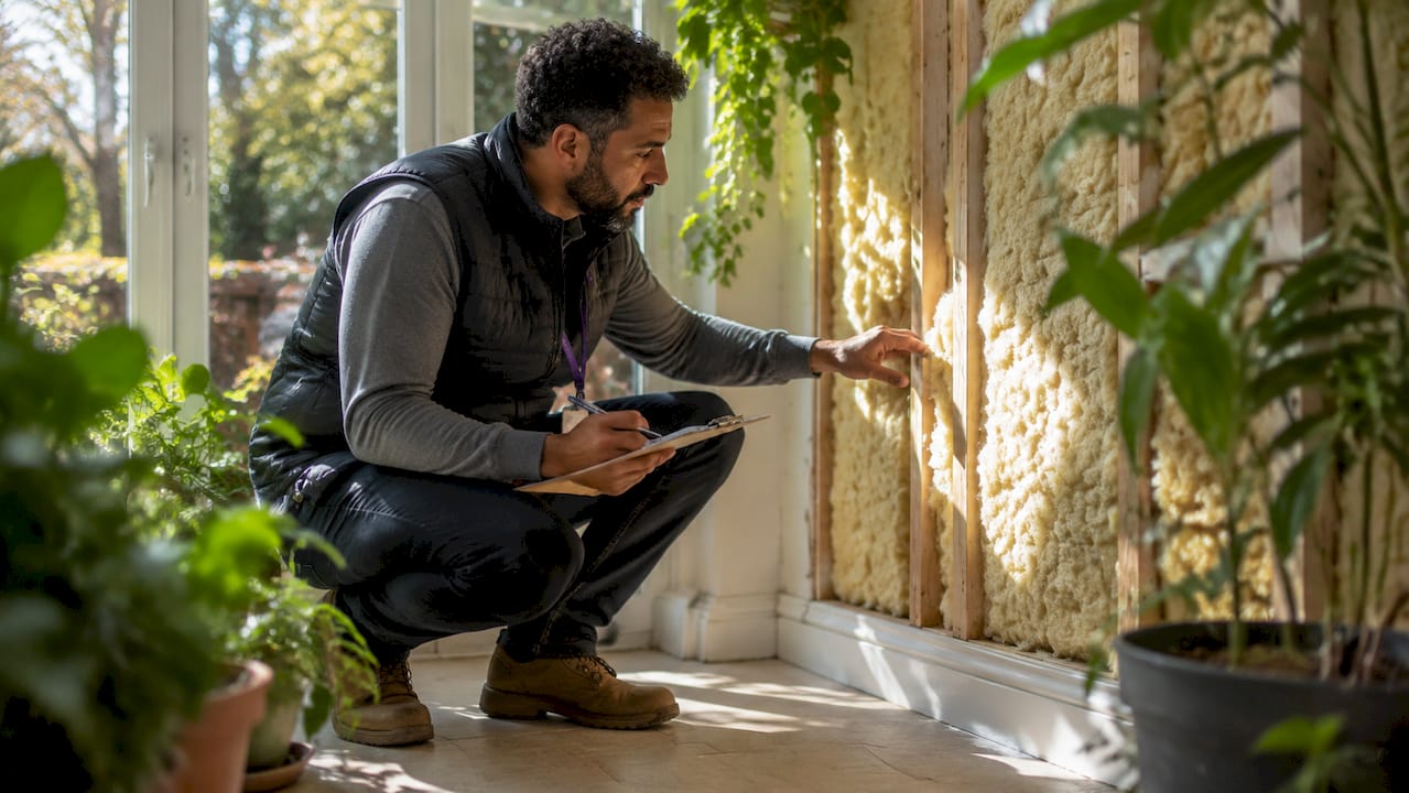 Home inspector assessing attic insulation