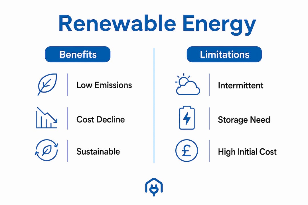 Infographic showing benefits and limitations of renewable energy