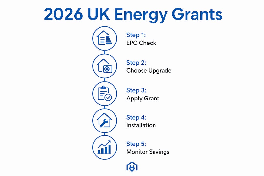 Infographic outlining 2026 UK energy grants application steps