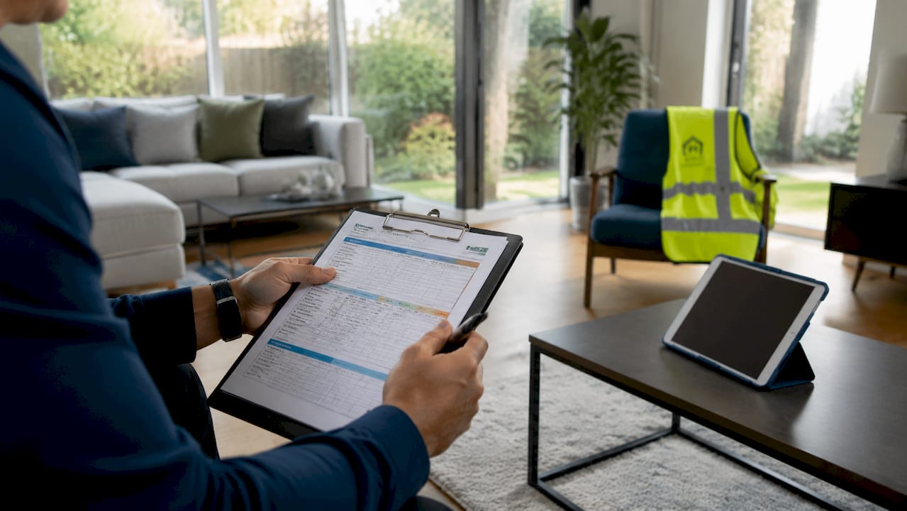 Assessor's hands holding data input sheet in UK home