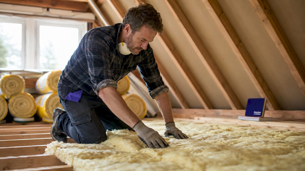Tradesman installing loft insulation in attic