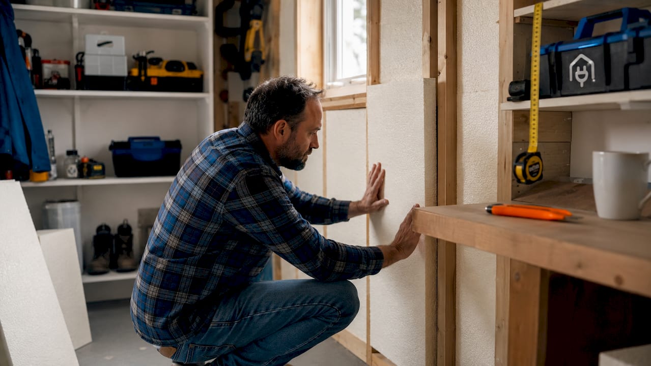 Hands installing insulation panel in basement