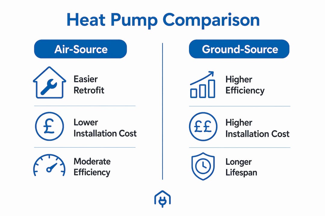 Infographic comparing air-source and ground-source heat pumps