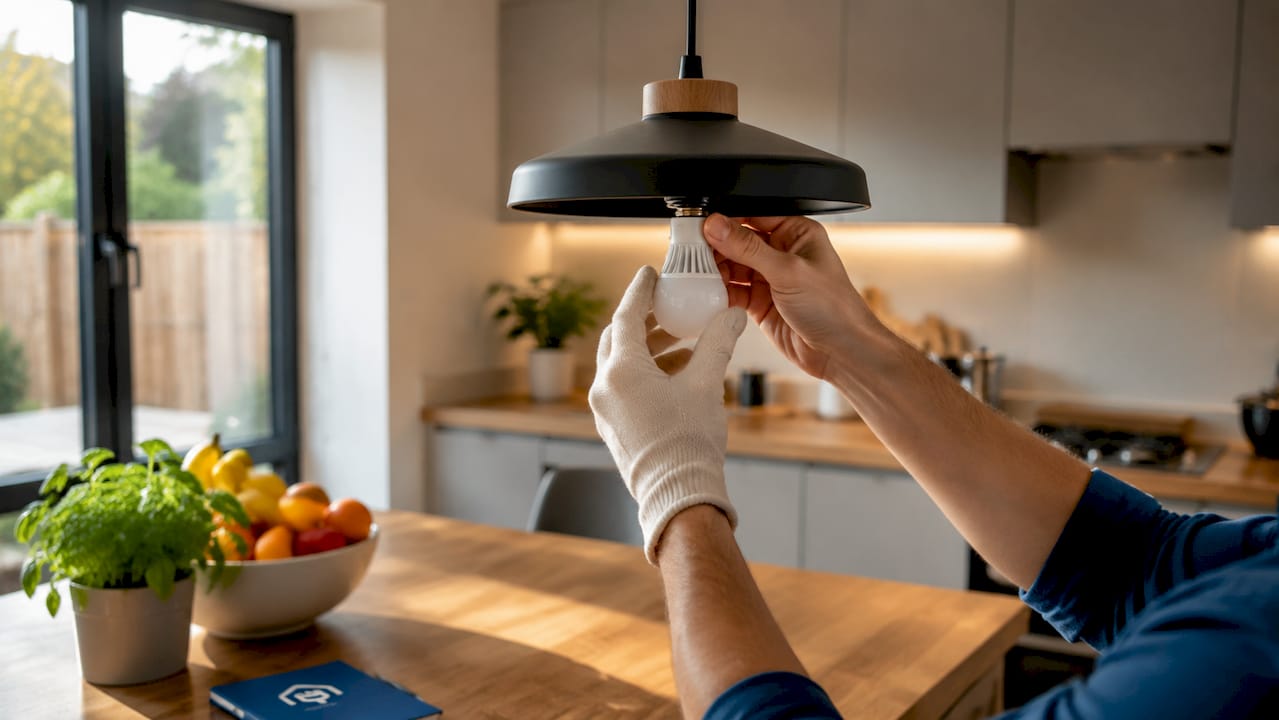 Hands installing LED lighting fixture indoors