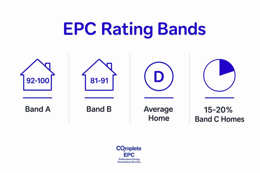 Infographic illustrating EPC rating bands and statistics