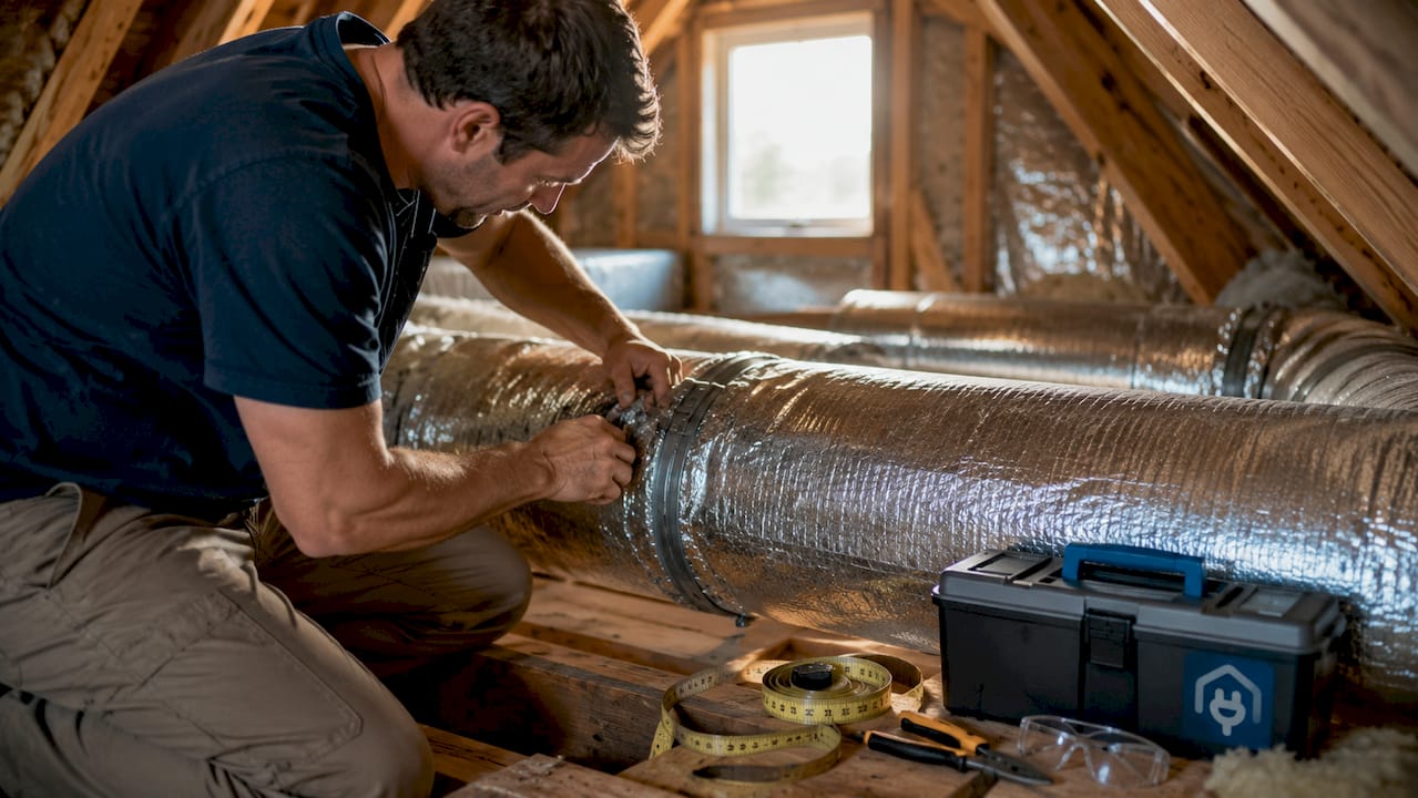 Hands sealing HVAC duct leaks in ceiling