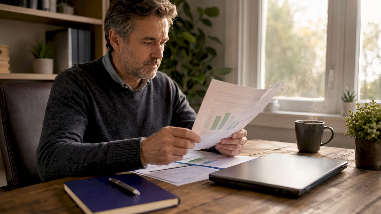 Landlord reviewing energy upgrade documents at home
