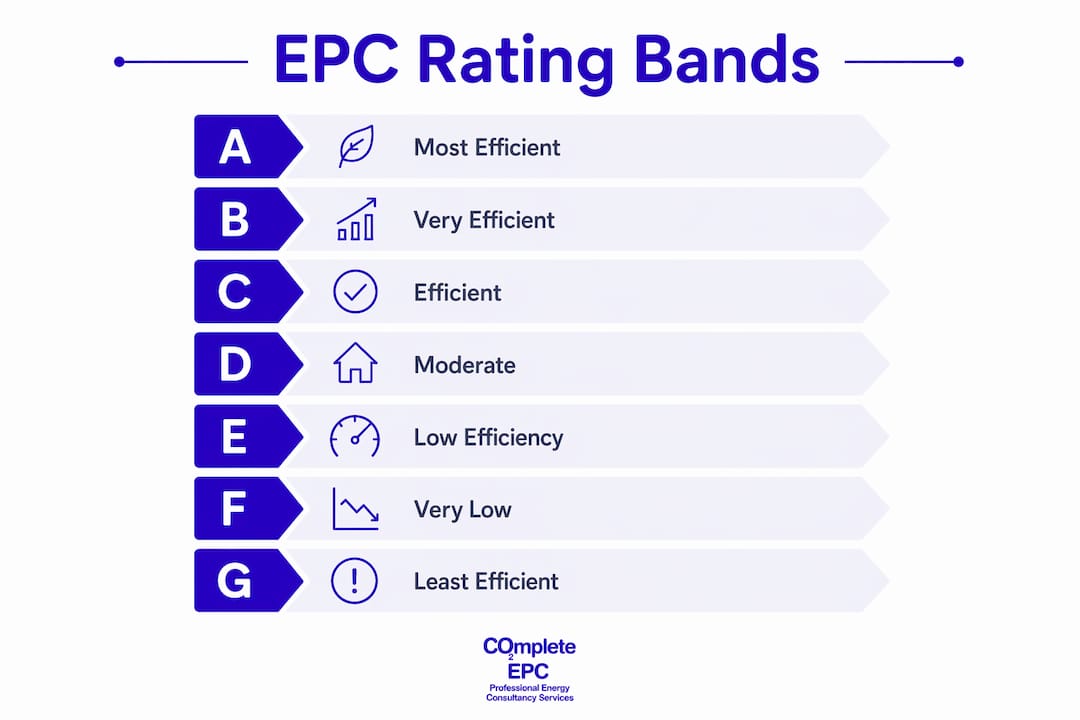 Infographic displaying EPC rating bands hierarchy from A to G