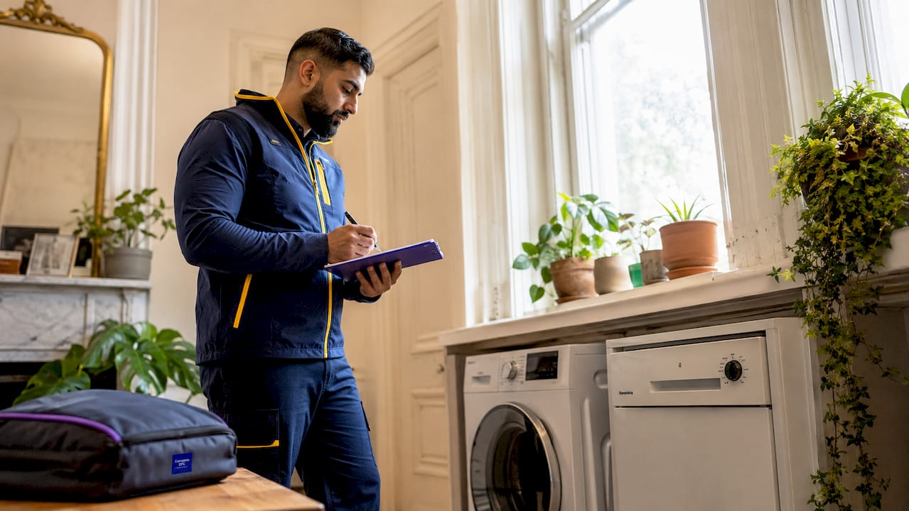 Energy assessor inspecting boiler in London flat