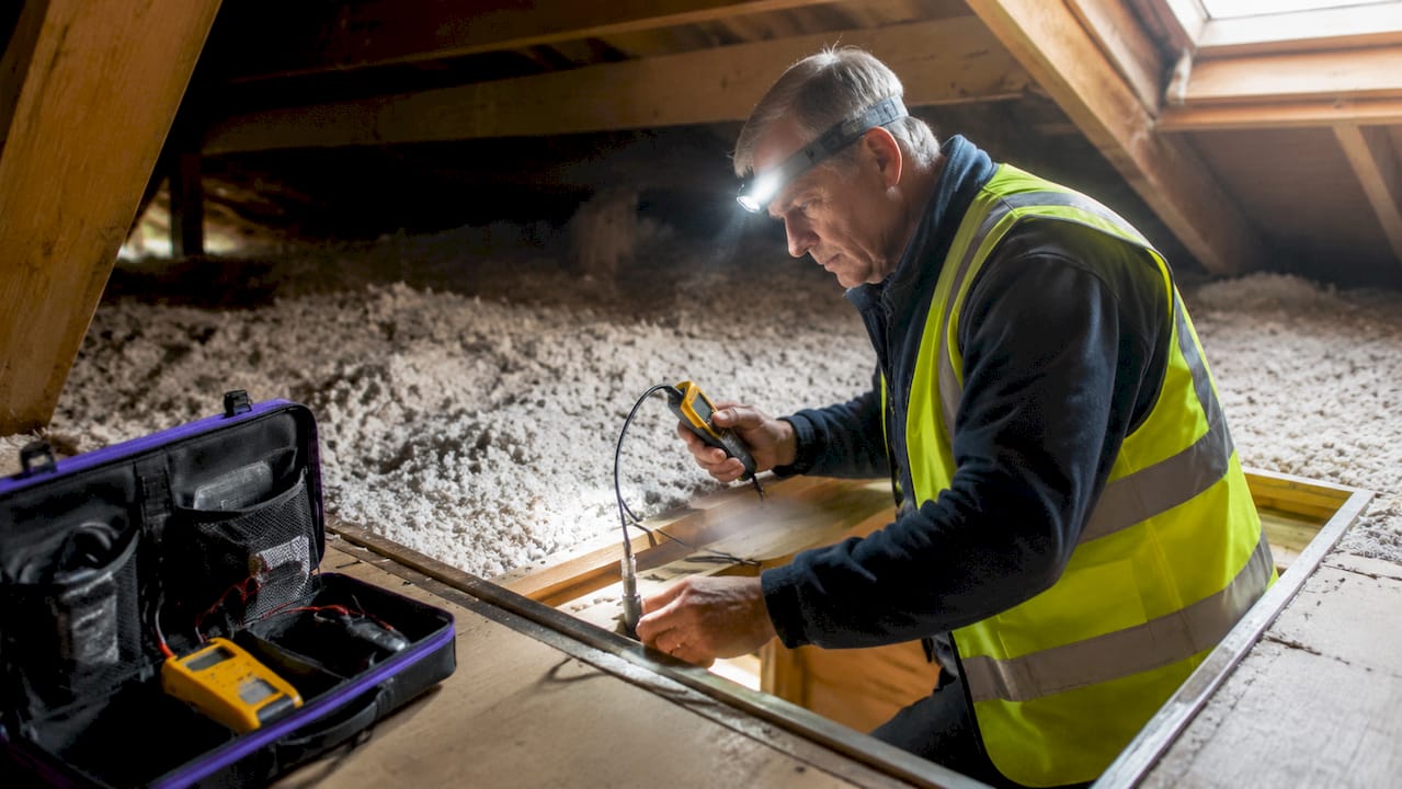 Energy inspector examining attic insulation